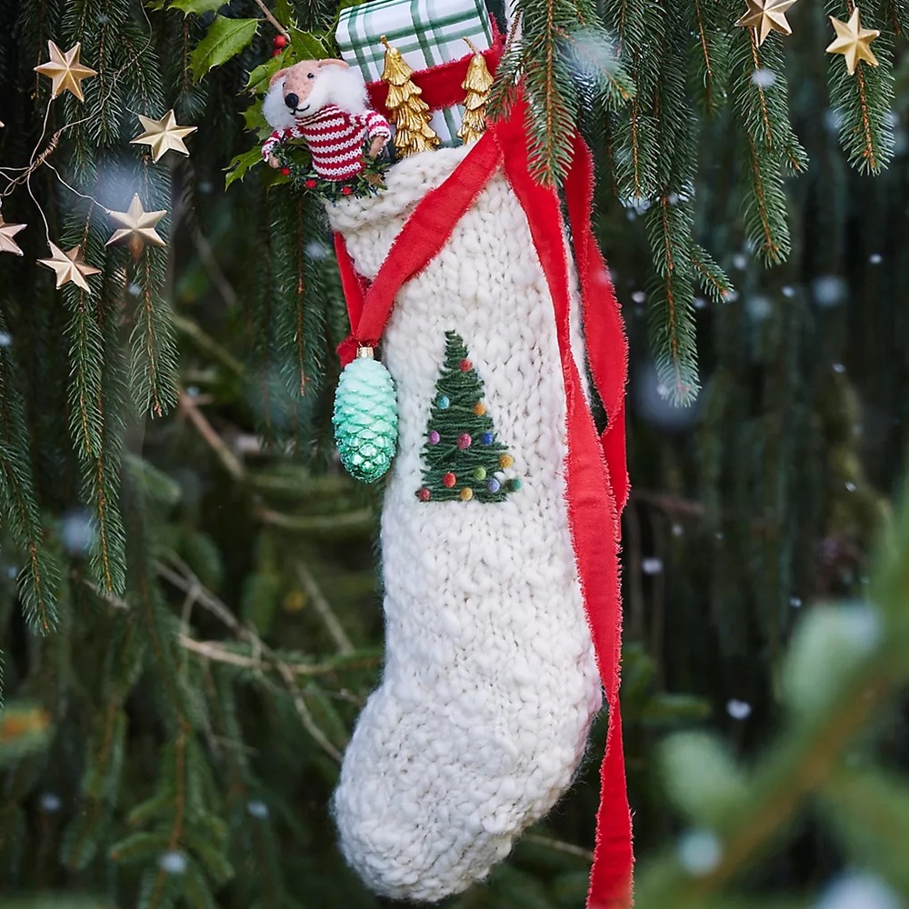 Anthropologie Chunky Knit Holiday Christmas Tree Icon Wool Stocking Oatmeal